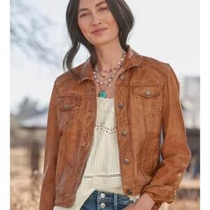 Sundance‎ Homestead Dreams Distressed Brown Leather Trucker Jacket Womens L NWOT